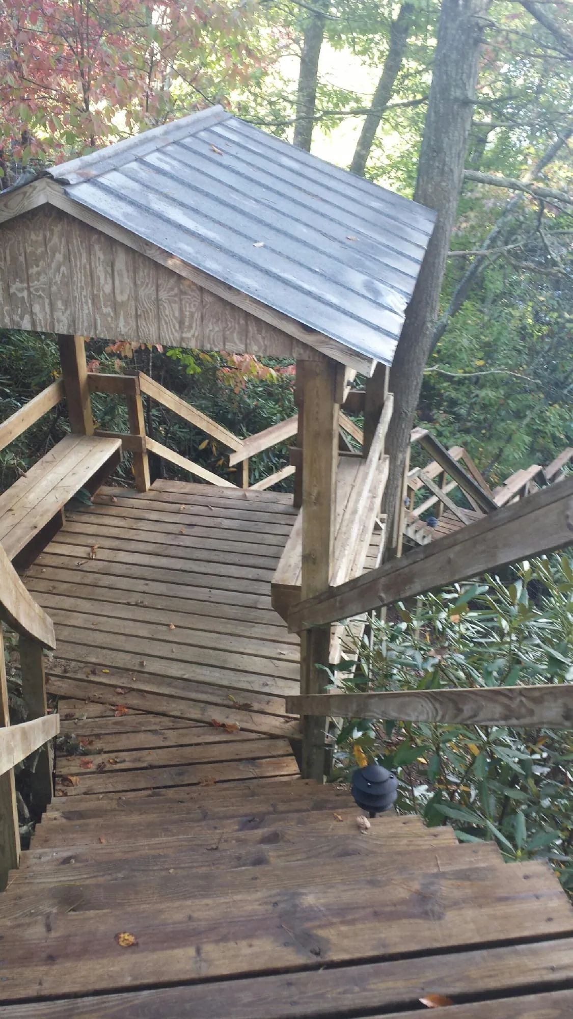 Metal roofed shelter over wooden steps on a wooded walkway — Skylight Repair & Installation work by our crew in Firth